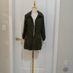 a.n.d Eawy Utility Parka Jacket Women’s Small Green Hidden Hood Drawstring Waist